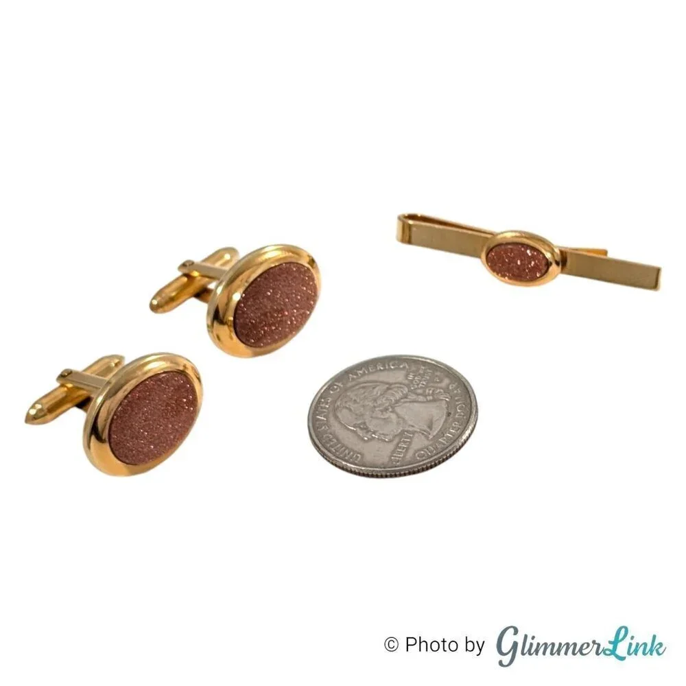 VTG DB 1/20 14KT GF Dolan Bullock Oval Goldstone Gold Tone Cufflinks & Tie Bar